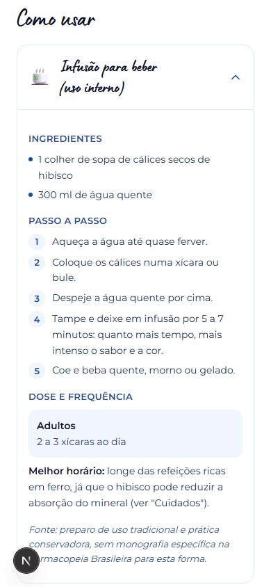 Ficha do hibisco no Dose Natural rolada até "Como usar", com o preparo aberto mostrando ingredientes, passo a passo e dose